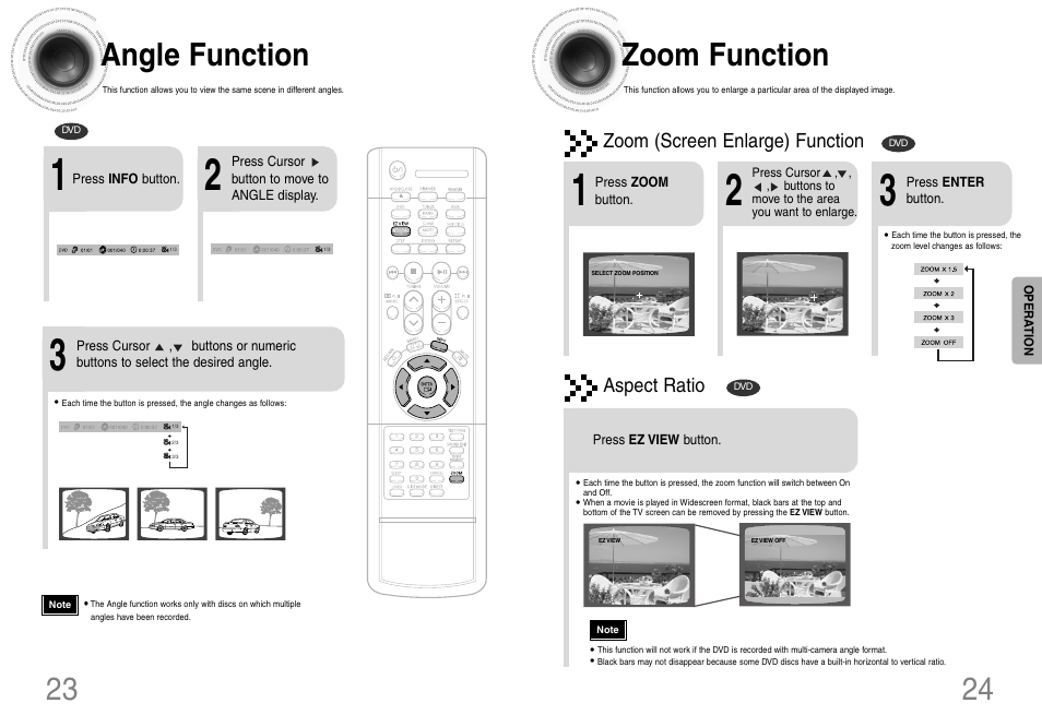 24 zoom function, 23 angle function, Zoom (screen enlarge) function | Aspect ratio | Samsung HT-DB120 User Manual | Page 13 / 31