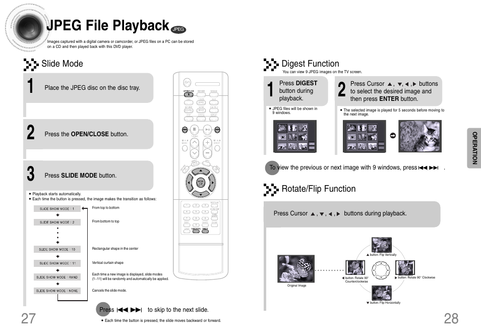 Jpeg file playback, Rotate/flip function, Digest function | Slide mode | Samsung HT-DB120 User Manual | Page 15 / 31