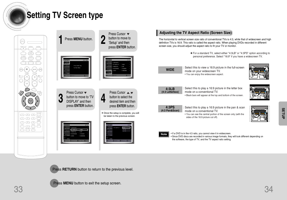 33 34 setting tv screen type | Samsung HT-DB120 User Manual | Page 18 / 31