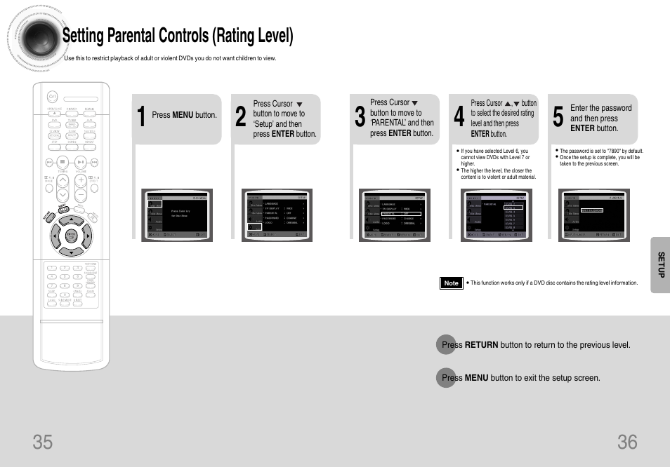 35 36 setting parental controls (rating level) | Samsung HT-DB120 User Manual | Page 19 / 31