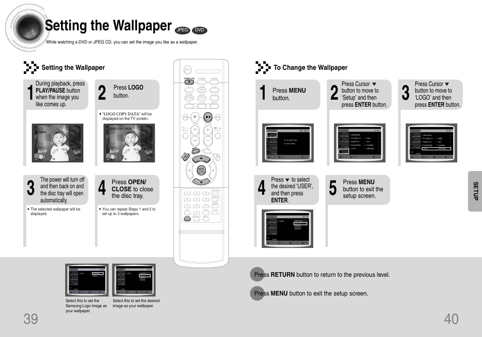 39 40 setting the wallpaper | Samsung HT-DB120 User Manual | Page 21 / 31