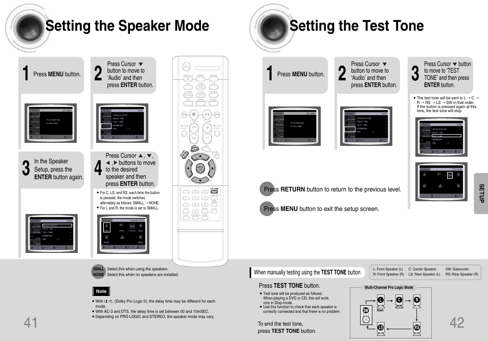 Setting the speaker mode setting the test tone | Samsung HT-DB120 User Manual | Page 22 / 31