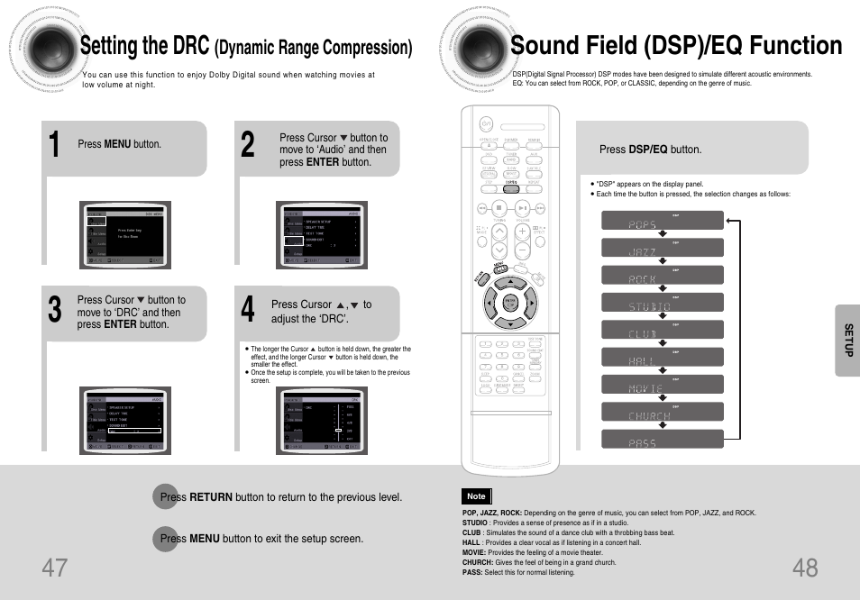 47 48 setting the drc, Sound field (dsp)/eq function, Dynamic range compression) | Samsung HT-DB120 User Manual | Page 25 / 31