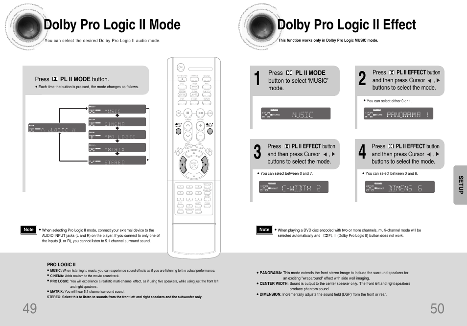 49 50 dolby pro logic ii mode, Dolby pro logic ii effect, Press pl ii mode button | Setup | Samsung HT-DB120 User Manual | Page 26 / 31