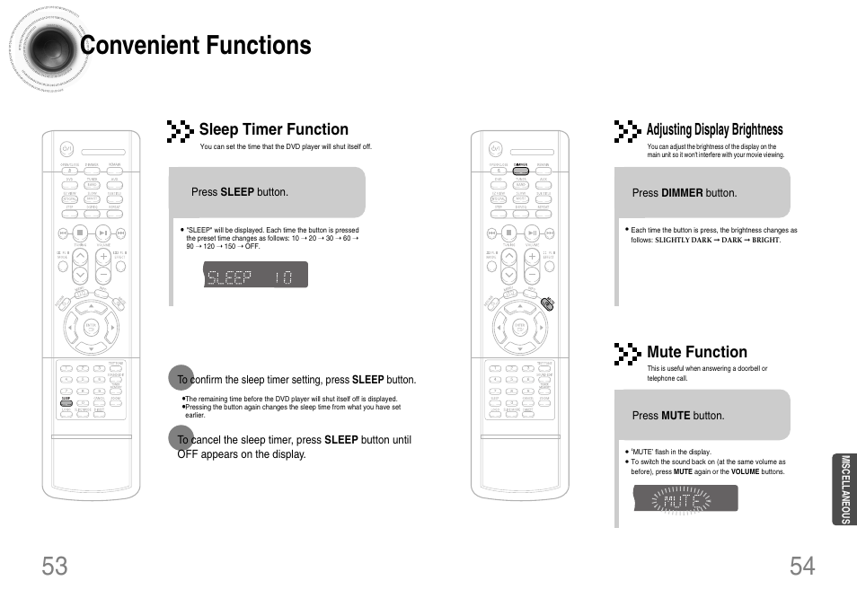 53 54 convenient functions, Sleep timer function, Adjusting display brightness | Mute function | Samsung HT-DB120 User Manual | Page 28 / 31