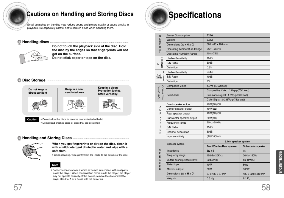 58 specifications 57, Cautions on handling and storing discs | Samsung HT-DB120 User Manual | Page 30 / 31