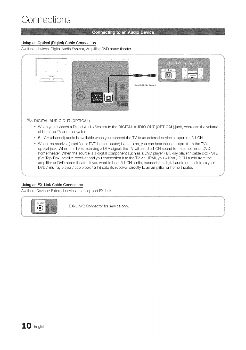 Using an optical (digital) cable connection, Digital audio out (optical), Using an ex-link cable connection | Connections, English | Samsung 430 User Manual | Page 10 / 40