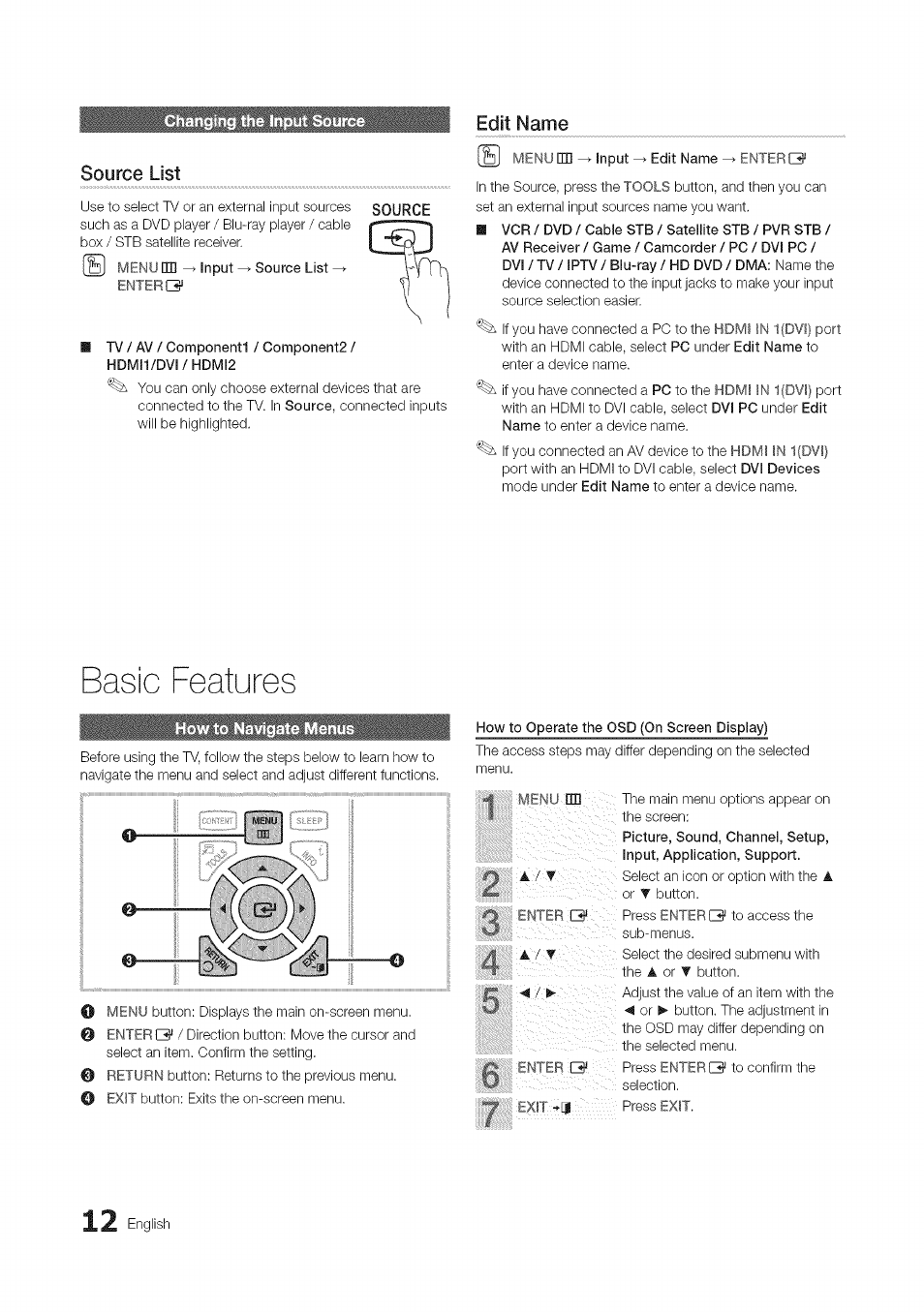 Edit name, Source list, Tv/av/ componenti / component2 / hdmi1/dvi/hdmi2 | How to operate the osd (on screen display), Basic features, English | Samsung 430 User Manual | Page 12 / 40