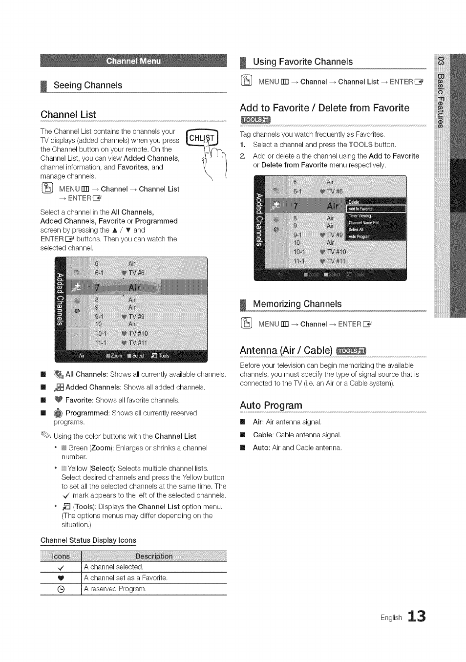 J [ using favorite channels, Seeing channels, Menu cm ^channel ^ enter 13 | Menum ^ channel ^ channel list ^ enters, Add to favorite / delete from favorite, Memorizing channels, Menu [m ^ channel ^ enters, Antenna (air / cable) ibbii, Using favorite channels, English | Samsung 430 User Manual | Page 13 / 40