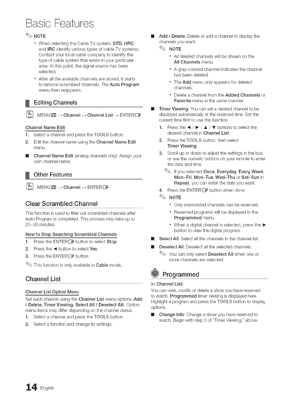 Editing channels, Channel name edit, I other features | Clear scrambled channel, How to stop searching scrambled channels, Channel list, Channel list option menu, Note, Programmed, Other features | Samsung 430 User Manual | Page 14 / 40