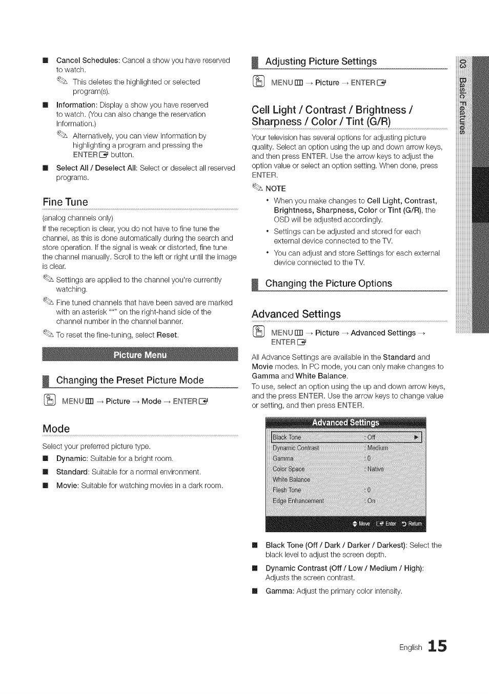 Fine tune, Changing the preset picture mode, Mode | Adjusting picture settings, Note, I changing the picture options, Advanced settings, Picture advanced settings, Changing the picture options, English | Samsung 430 User Manual | Page 15 / 40