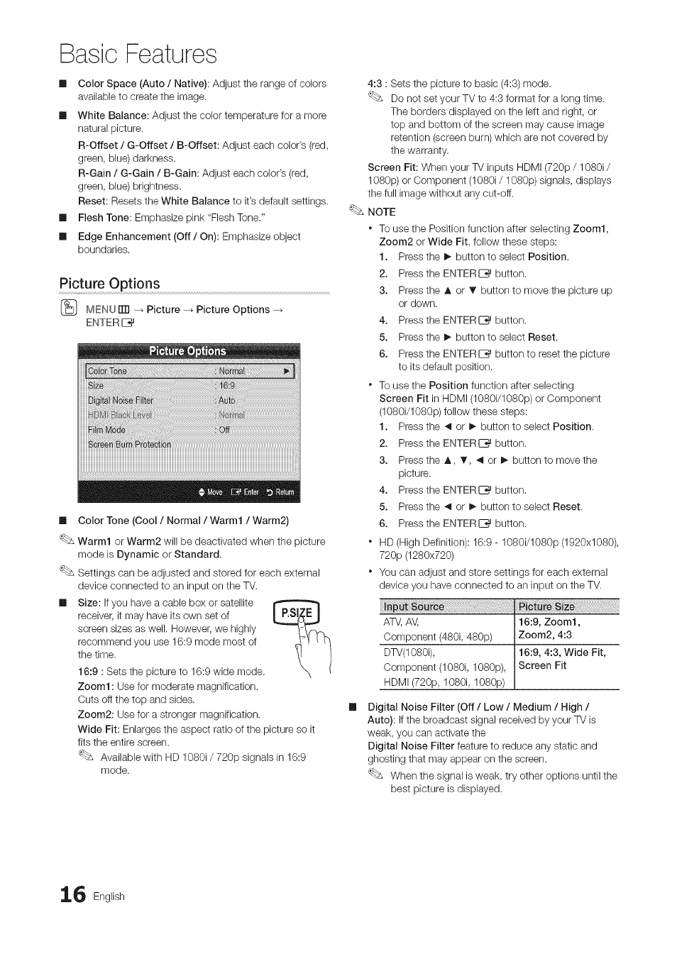 Picture options, Menudb —► picture - enters, Color tone (cool / normal / warmi / warm2) | Digital noise filter (off / low / medium / high, Basic features, English | Samsung 430 User Manual | Page 16 / 40
