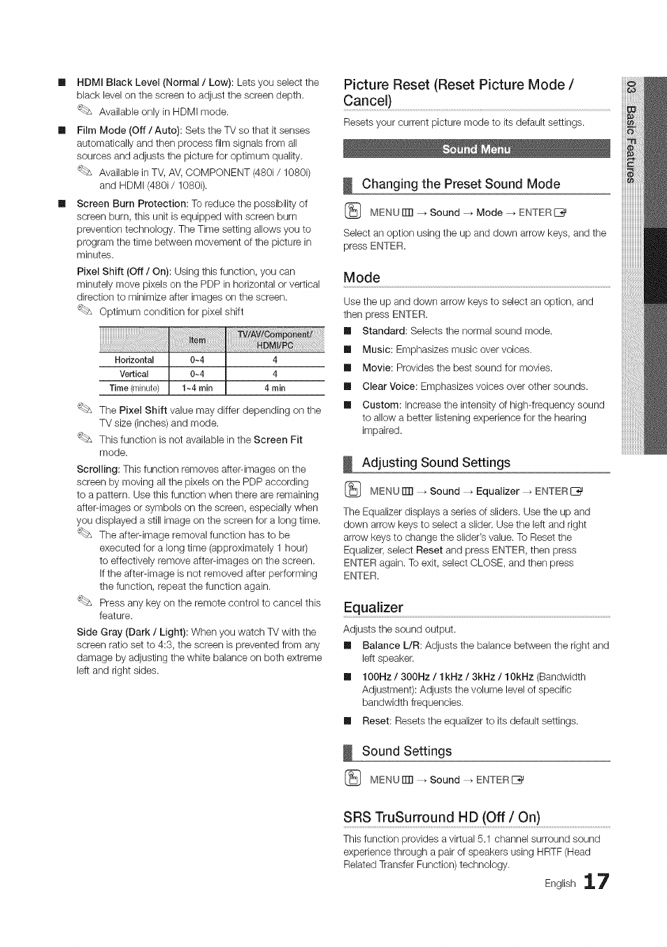 Picture reset (reset picture mode / cancel), Changing the preset sound mode, Mode | Adjusting sound settings, Equalizer, Sound settings, Menu m ^ sound ^ enters, Srs trusurround hd (off / on), English | Samsung 430 User Manual | Page 17 / 40