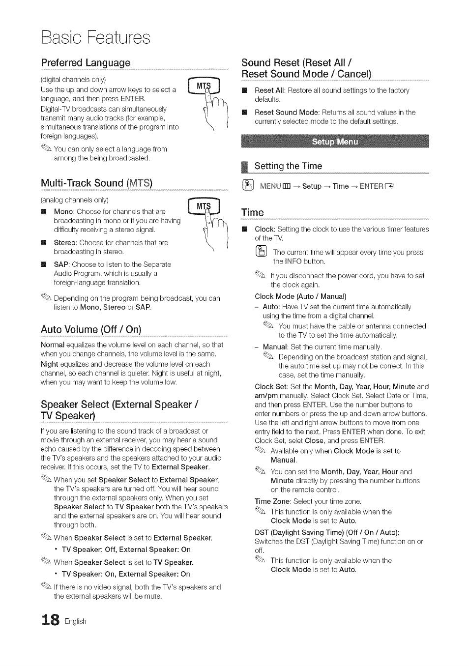 Preferred language, Multi-track sound (mts), Auto volume (off / on) | Speaker select (external speaker, Tv speaker), Sound reset (reset all, Reset sound mode / cancel), Setting the time, Enu œd ^ setup ^ time ^ enterb, Time | Samsung 430 User Manual | Page 18 / 40