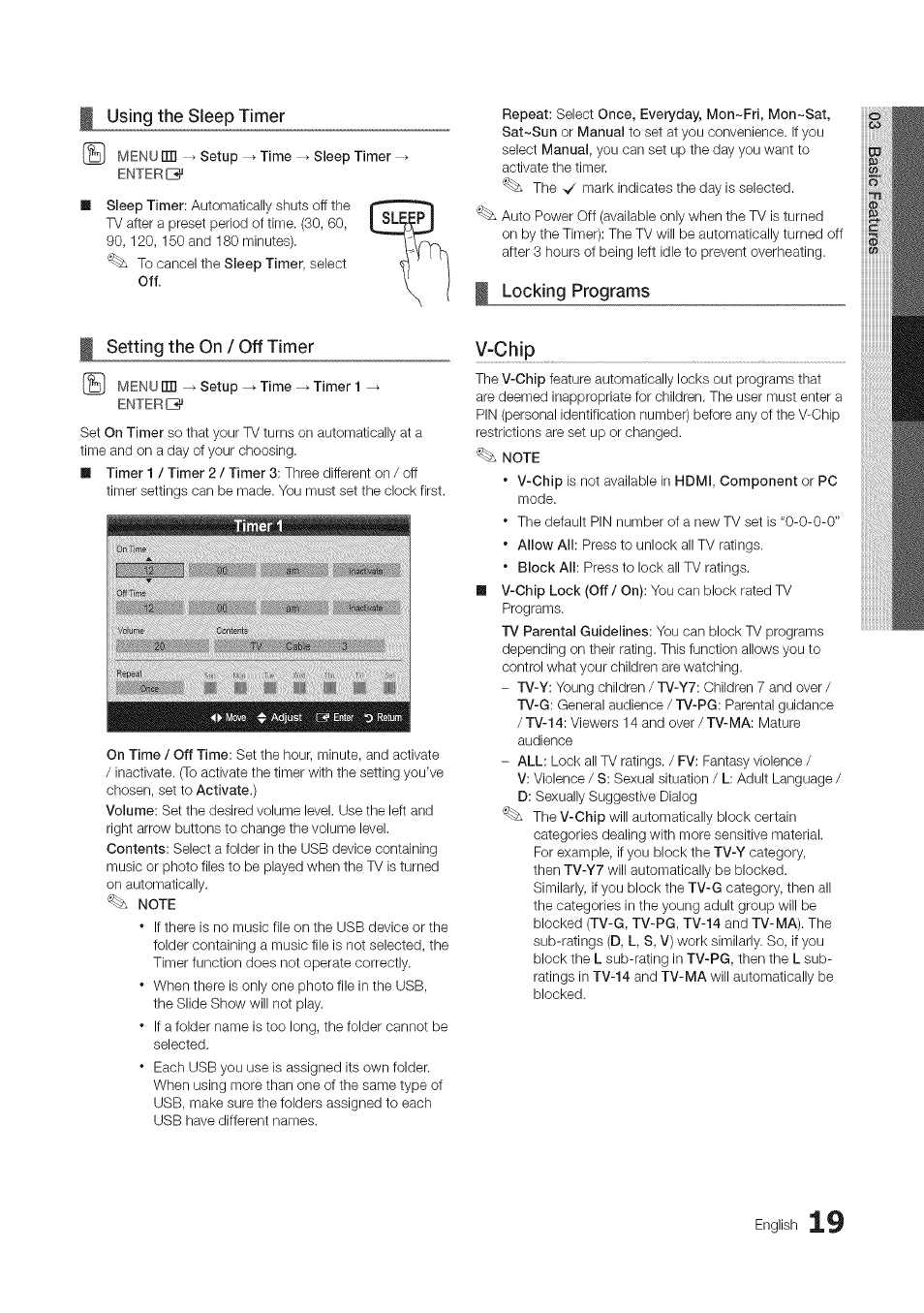 Using the sleep timer, Locking programs, I setting the on / off timer | Menu [m ^ setup, V-chip, Note, Setting the on / off timer, English | Samsung 430 User Manual | Page 19 / 40