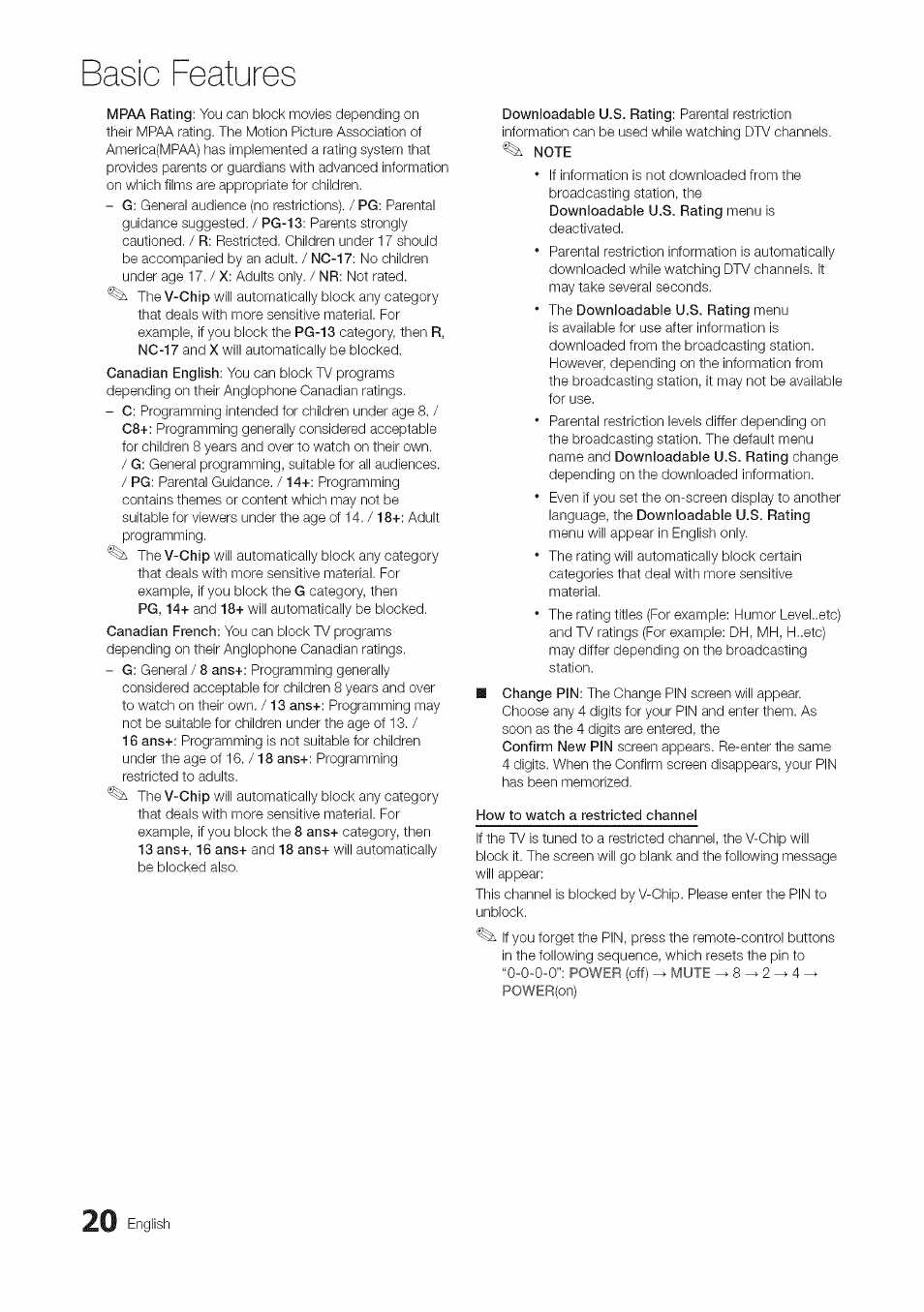 Note, How to watch a restricted channel, Basic features | English | Samsung 430 User Manual | Page 20 / 40