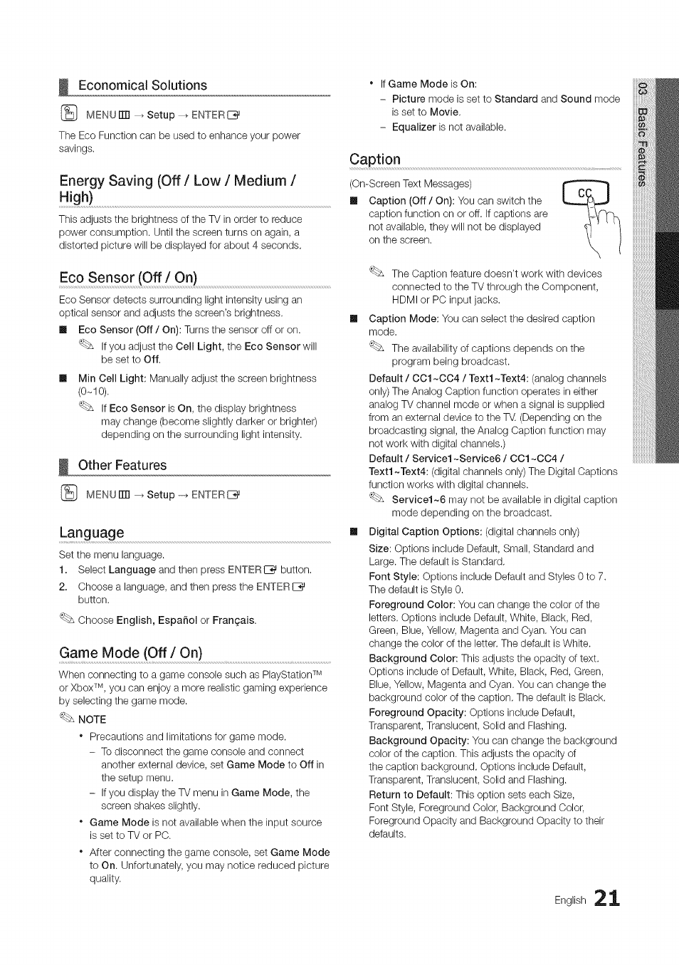 Economical solutions, Energy saving (off / low / medium, Eco sensor (off/on) | I other features, Menu œd ^ setup ^ enterb, Language, Game mode (off / on), Caption, Other features, English | Samsung 430 User Manual | Page 21 / 40