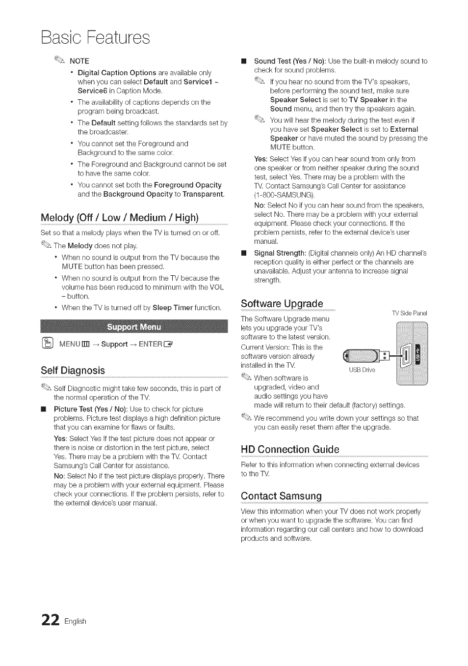 Melody (off / low / medium / high), Self diagnosis, Software upgrade | Hd connection guide, Contact samsung, Basic features, English, High) | Samsung 430 User Manual | Page 22 / 40