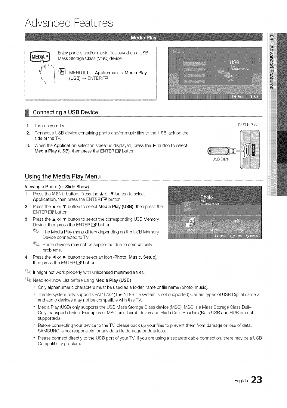 Connecting a usb device, Using the media play menu, Viewing a photo (or slide show) | Advanced features, English | Samsung 430 User Manual | Page 23 / 40