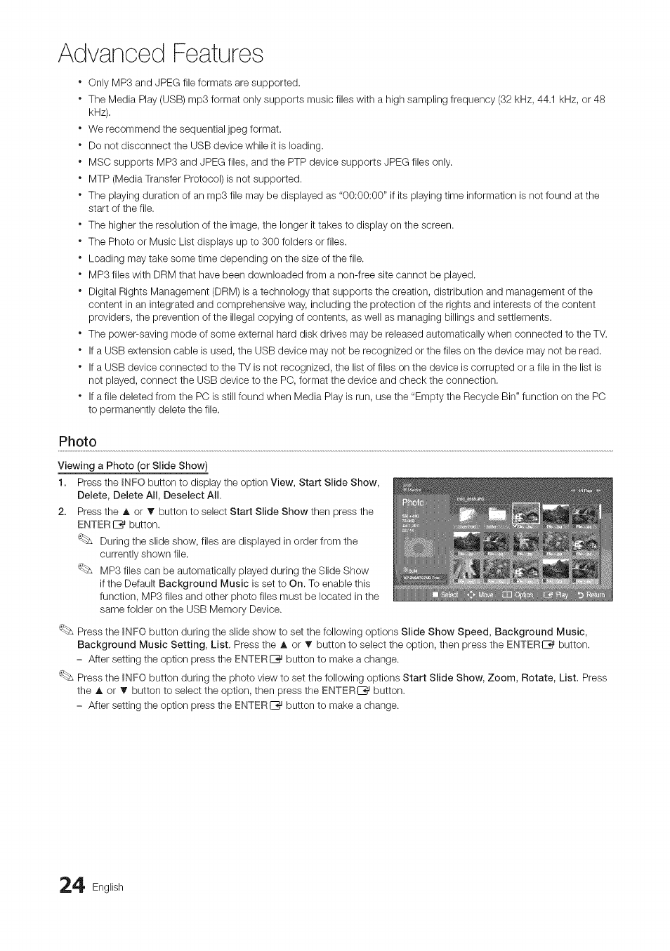 Photo, Viewing a photo (or siide show), Advanced features | English | Samsung 430 User Manual | Page 24 / 40