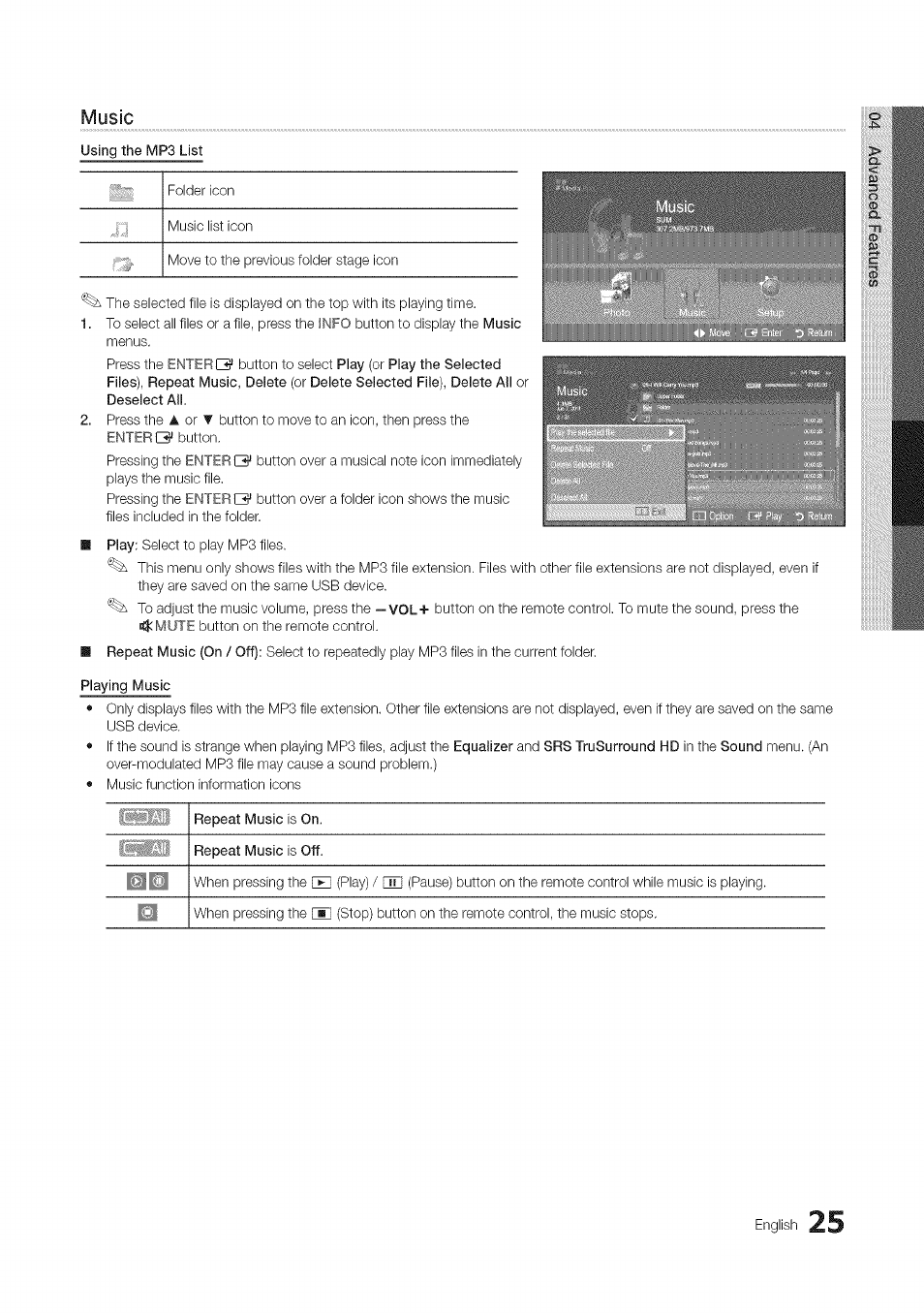 Music, Playing music, Repeat music is on | Repeat music is off, English | Samsung 430 User Manual | Page 25 / 40
