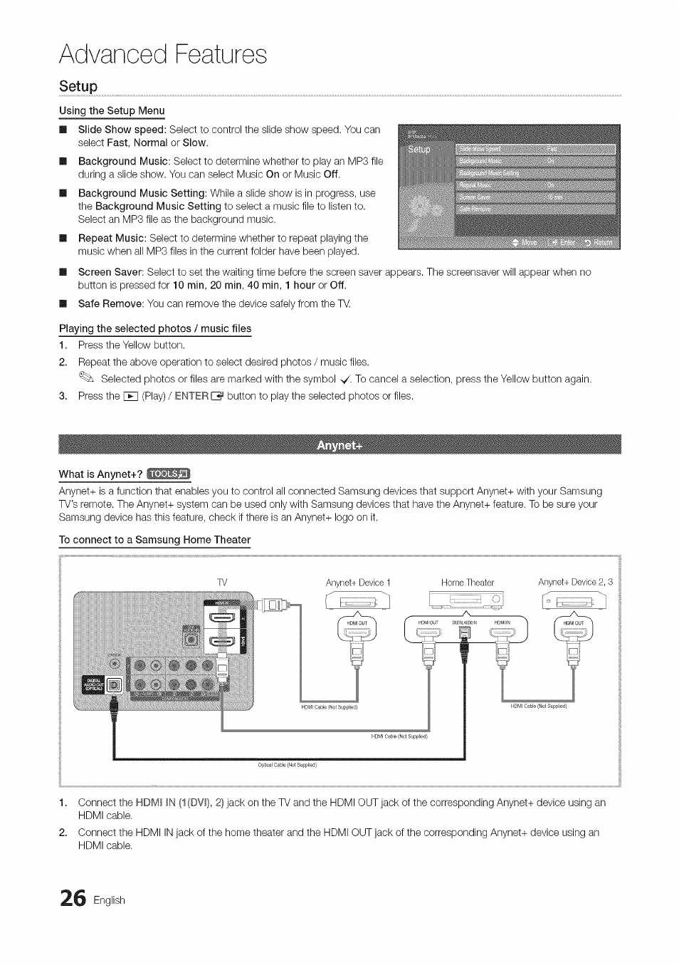 Setup, Using the setup menu, Playing the selected photos / music files | What is anynet, To connect to a samsung home theater, Advanced features, English | Samsung 430 User Manual | Page 26 / 40