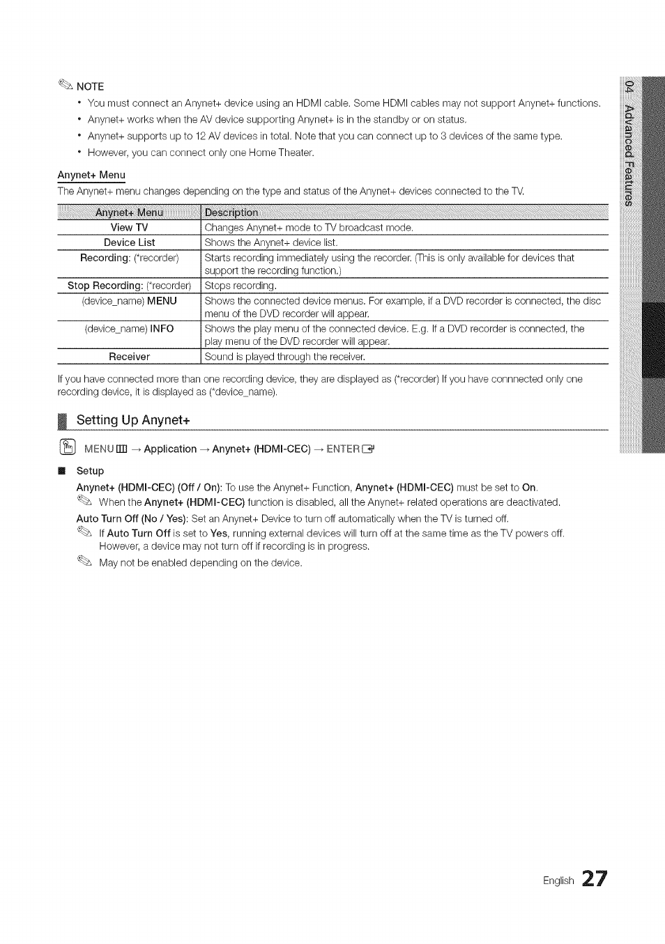 Anynet+ menu, Setting up anynet, Setting up anyneta | Engiish | Samsung 430 User Manual | Page 27 / 40