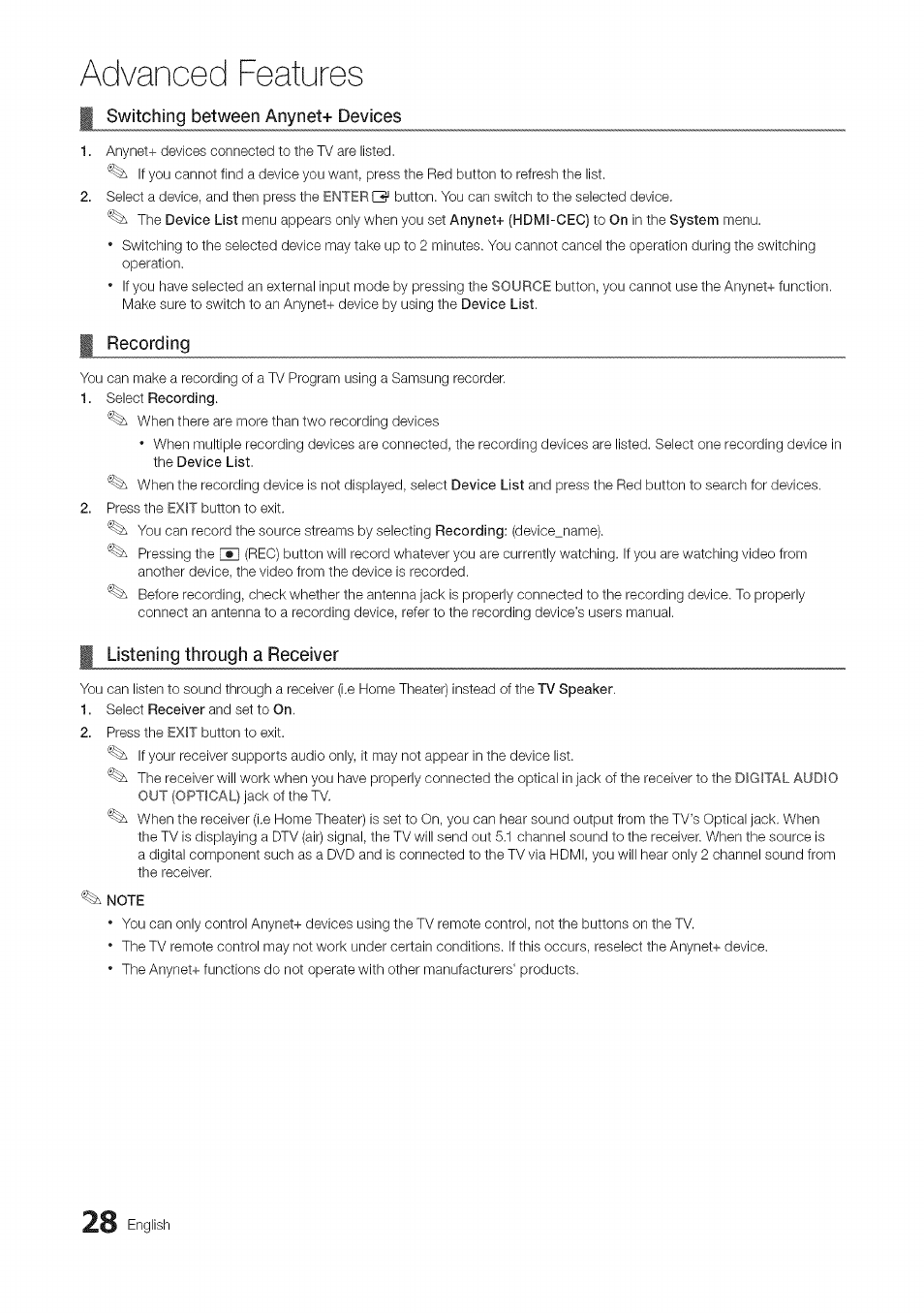 Switching between anynet+ devices, Recording, Listening through a receiver | Note, Switching between anyneta devices, Advanced features, English | Samsung 430 User Manual | Page 28 / 40