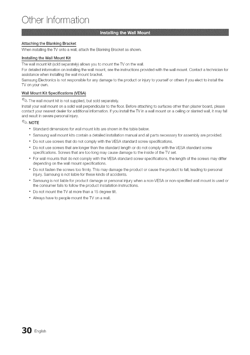 Attaching the blanking bracket, Installing the wall mount kit, Wall mount kit specifications (vesa) | Installing the wall mount, Other information, English | Samsung 430 User Manual | Page 30 / 40