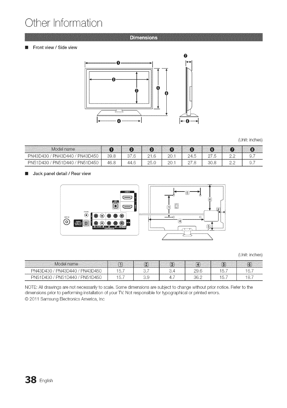 Front view / side view, Other information, Engiish | Samsung 430 User Manual | Page 38 / 40