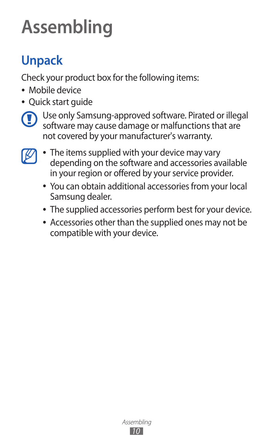 Assembling, Unpack, Quick start guide | Compatible with your device | Samsung GT-P7300 User Manual | Page 10 / 133