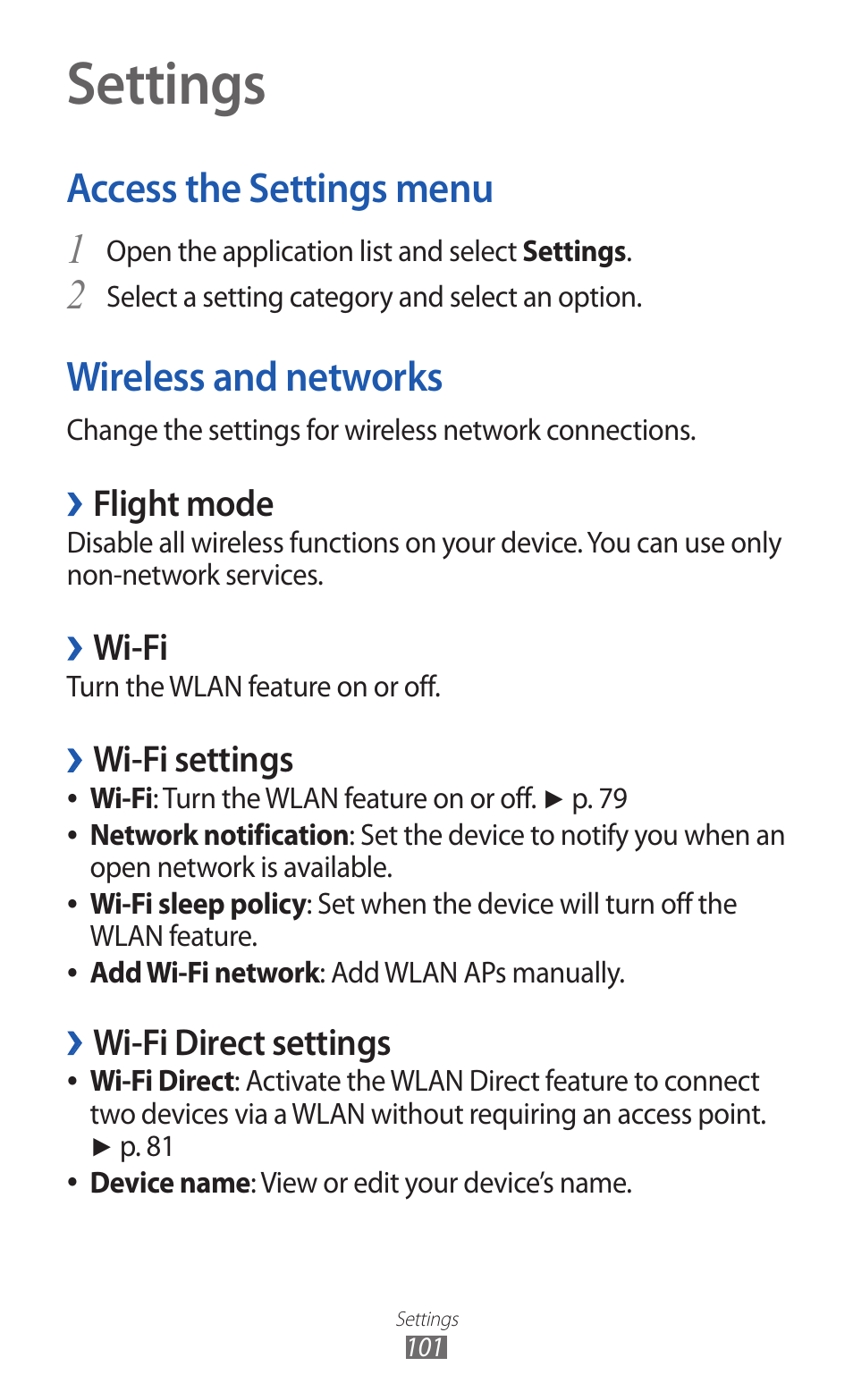 Settings, Access the settings menu, Wireless and networks | Access the settings menu wireless and networks, 2wireless and networks, Flight mode, Wi-fi, Wi-fi settings, Wi-fi direct settings | Samsung GT-P7300 User Manual | Page 101 / 133