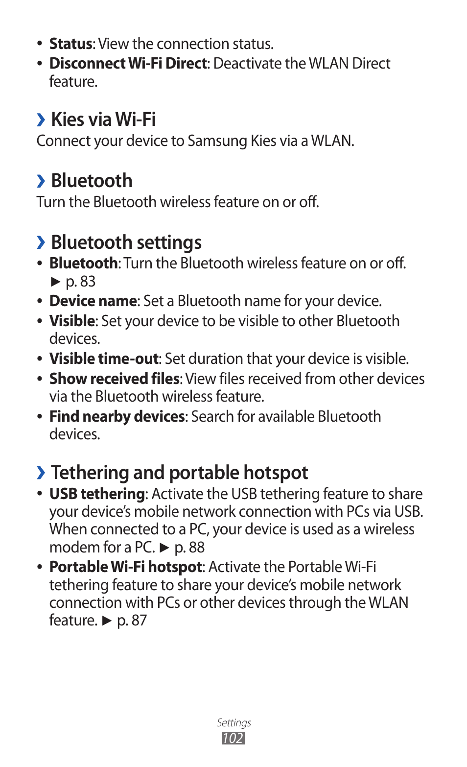 Kies via wi-fi, Bluetooth, Bluetooth settings | Tethering and portable hotspot | Samsung GT-P7300 User Manual | Page 102 / 133