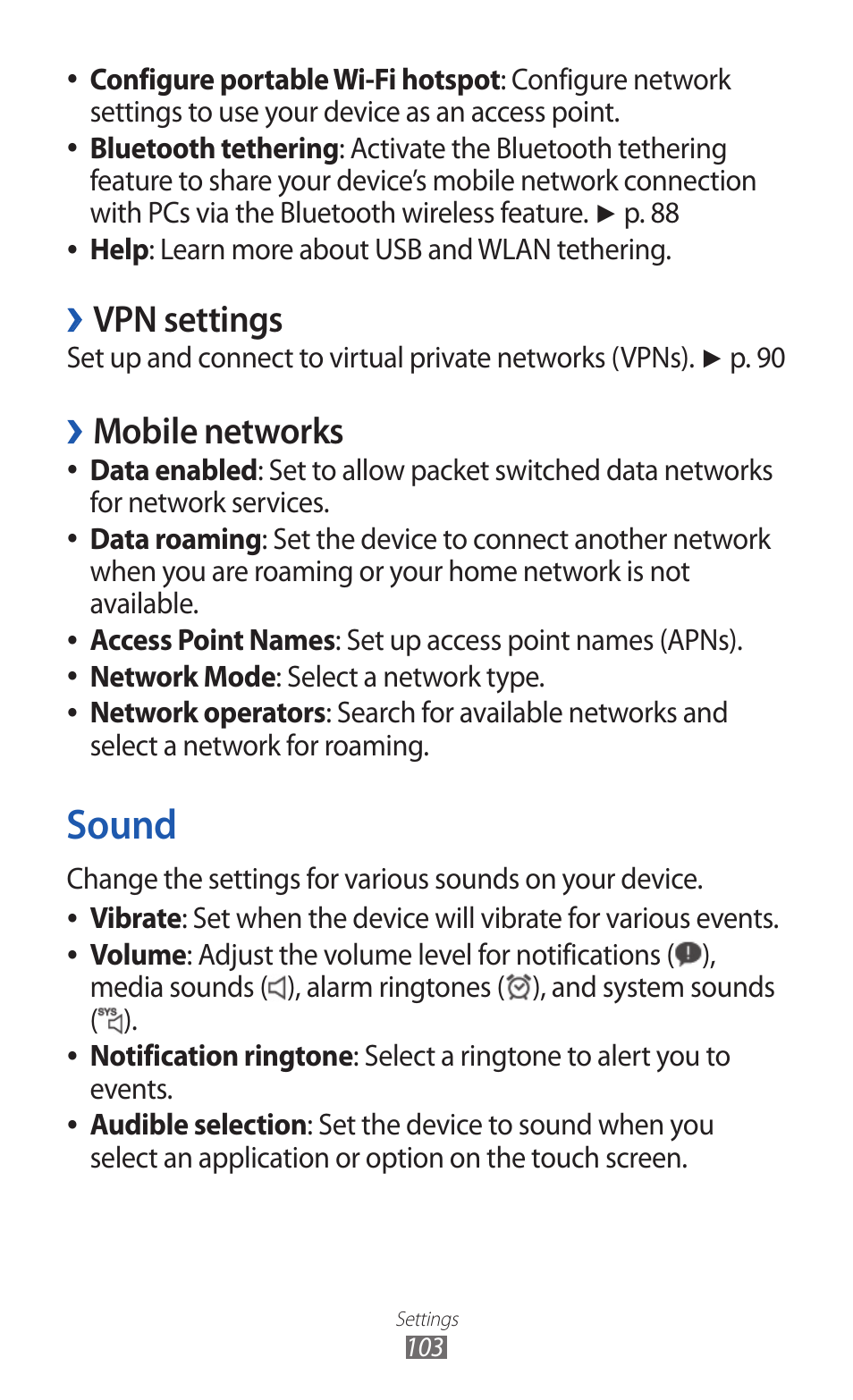 Sound, Vpn settings, Mobile networks | Samsung GT-P7300 User Manual | Page 103 / 133