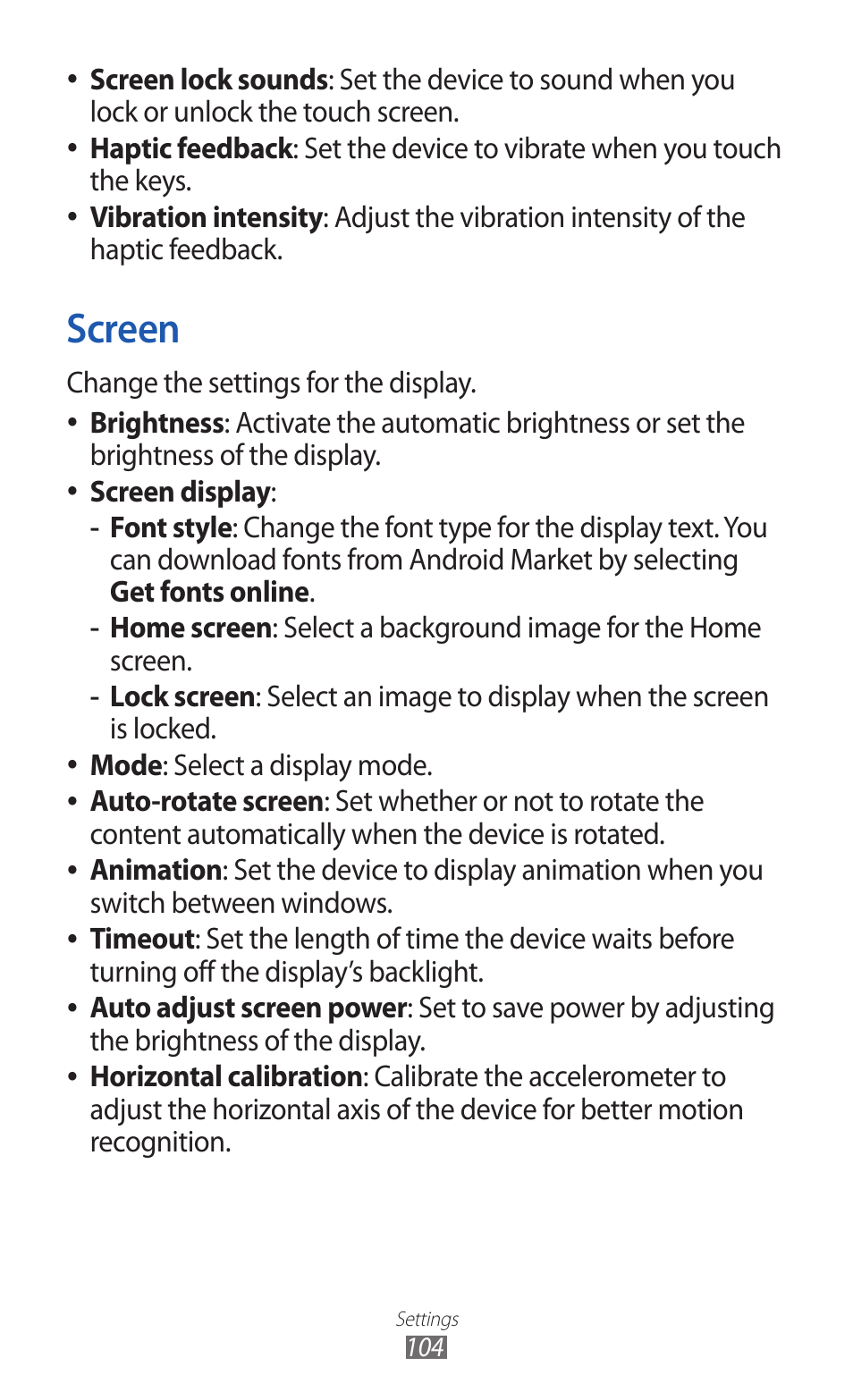 Screen, Screen lock sounds, Change the settings for the display. brightness | Select a display mode. auto-rotate screen | Samsung GT-P7300 User Manual | Page 104 / 133
