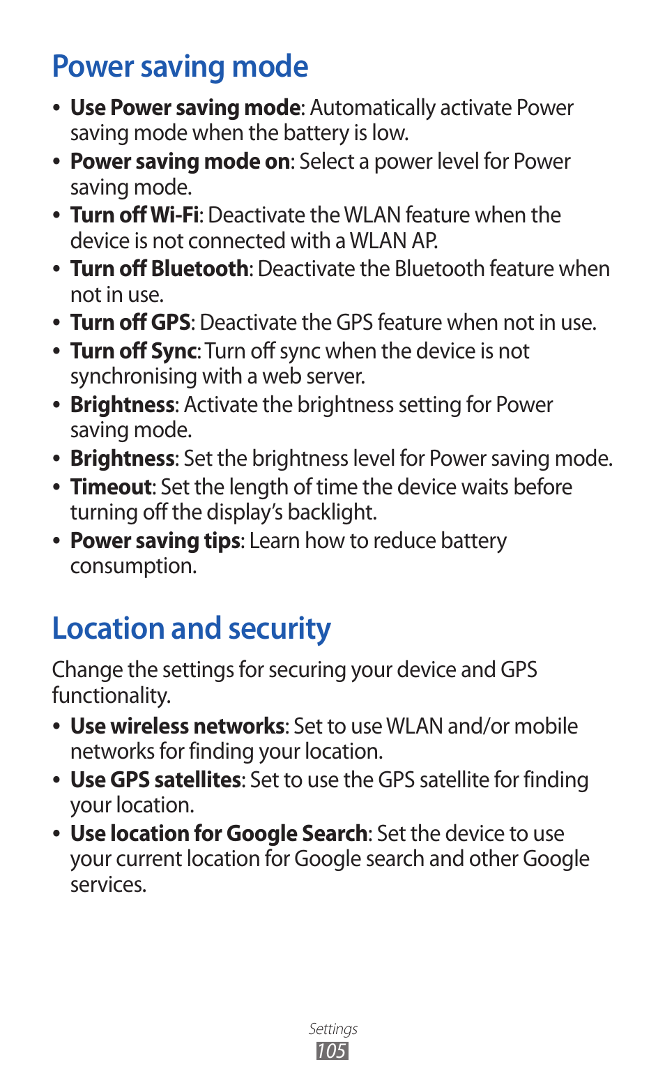 Power saving mode, Location and security, Power saving mode location and security | Use power saving mode, Learn how to reduce battery consumption | Samsung GT-P7300 User Manual | Page 105 / 133