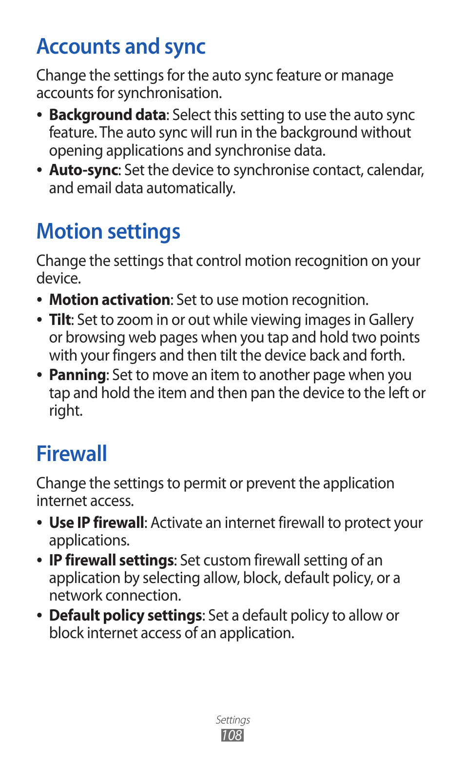 Accounts and sync, Motion settings, Firewall | Accounts and sync motion settings firewall | Samsung GT-P7300 User Manual | Page 108 / 133