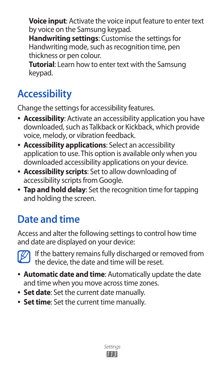 Accessibility, Date and time, Accessibility date and time | Samsung GT-P7300 User Manual | Page 113 / 133