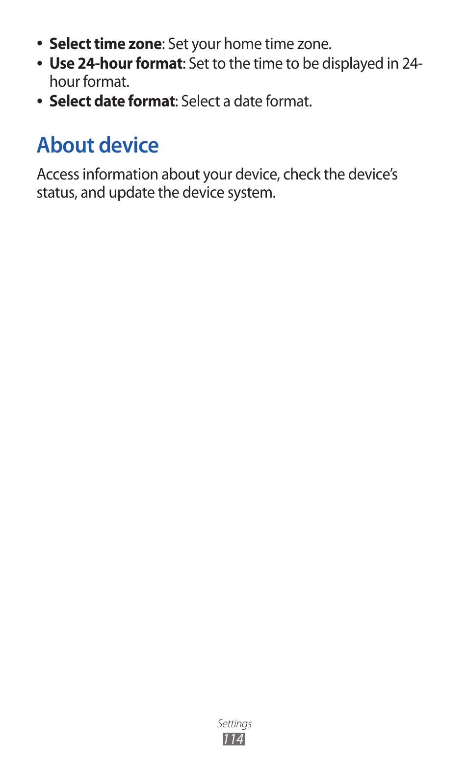 About device, Select time zone, Set your home time zone. use 24-hour format | Select a date format | Samsung GT-P7300 User Manual | Page 114 / 133