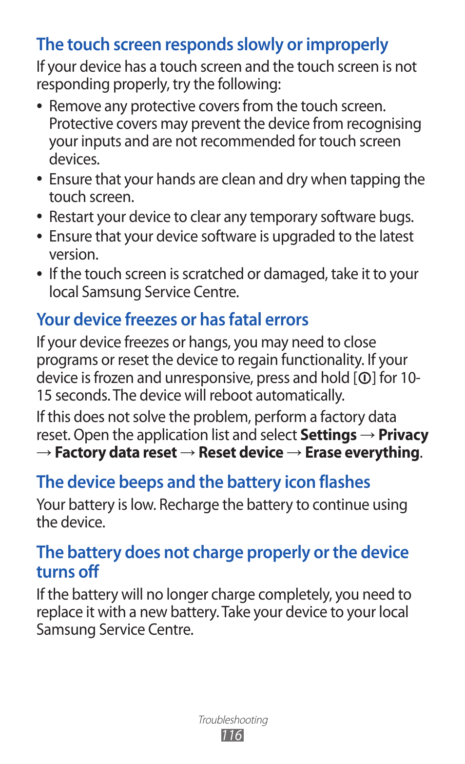 The touch screen responds slowly or improperly, Your device freezes or has fatal errors, The device beeps and the battery icon flashes | Samsung GT-P7300 User Manual | Page 116 / 133