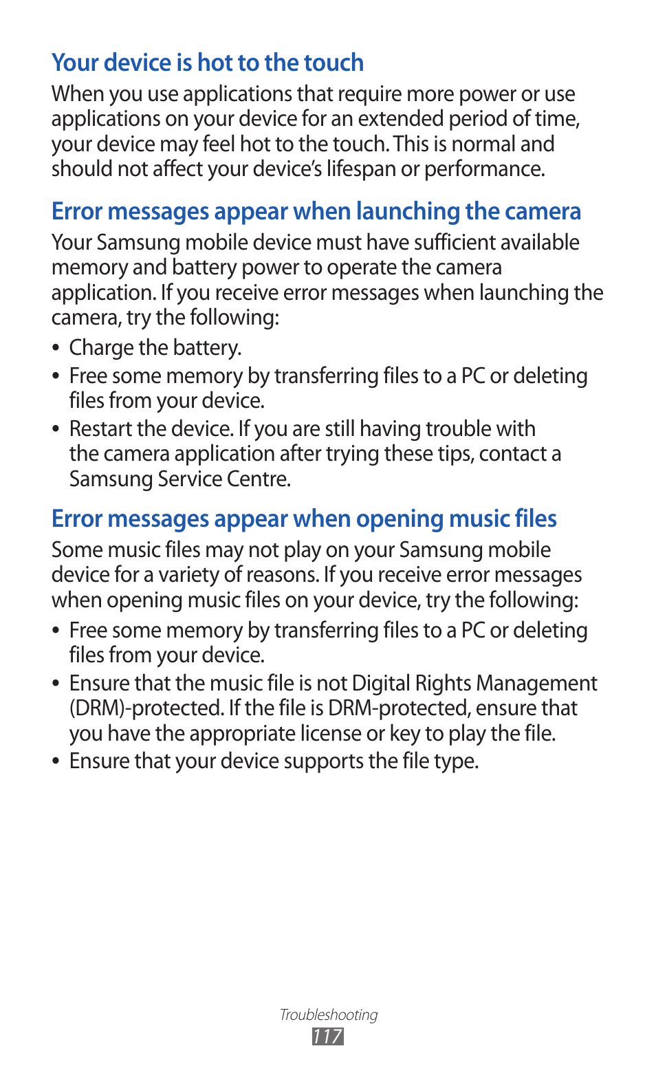 Your device is hot to the touch, Error messages appear when launching the camera, Error messages appear when opening music files | Samsung GT-P7300 User Manual | Page 117 / 133