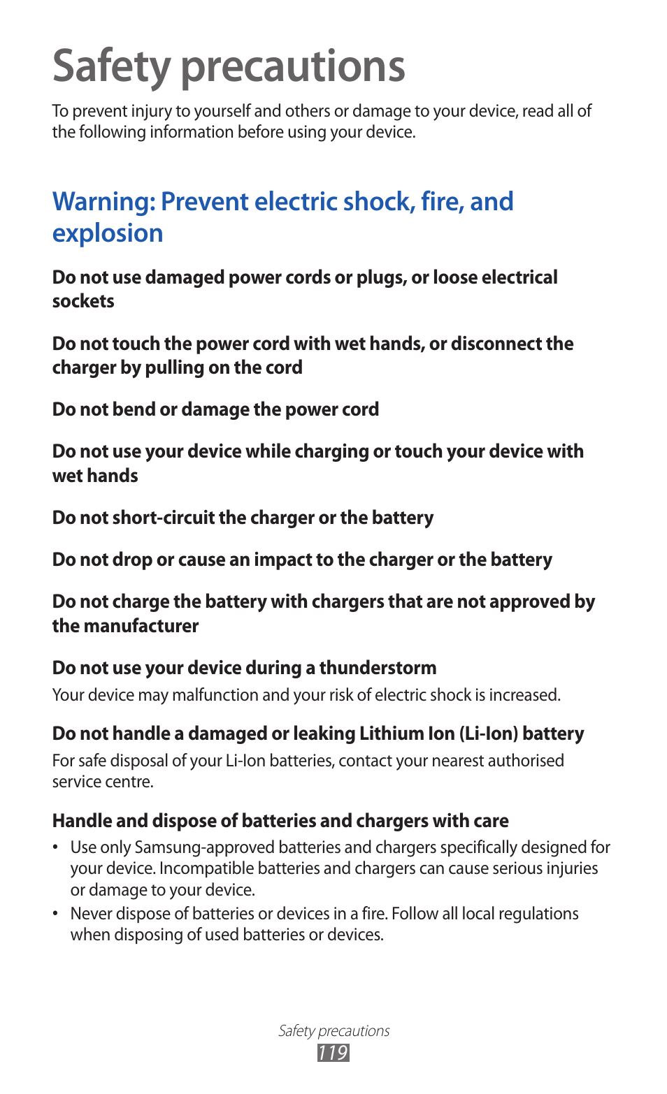 Safety precautions | Samsung GT-P7300 User Manual | Page 119 / 133