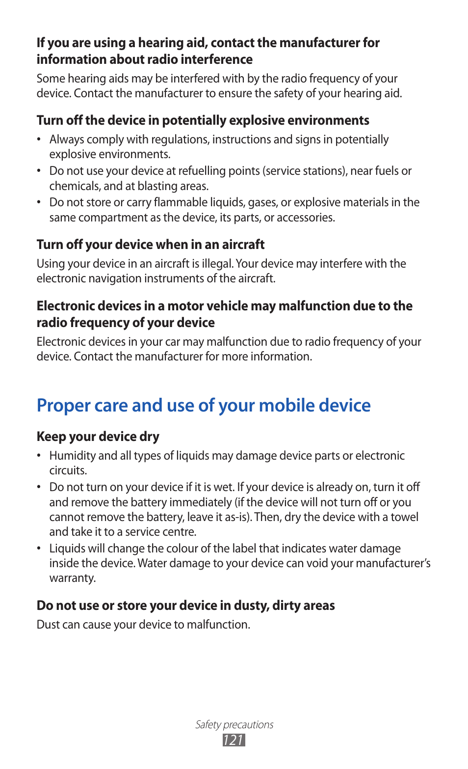 Proper care and use of your mobile device | Samsung GT-P7300 User Manual | Page 121 / 133