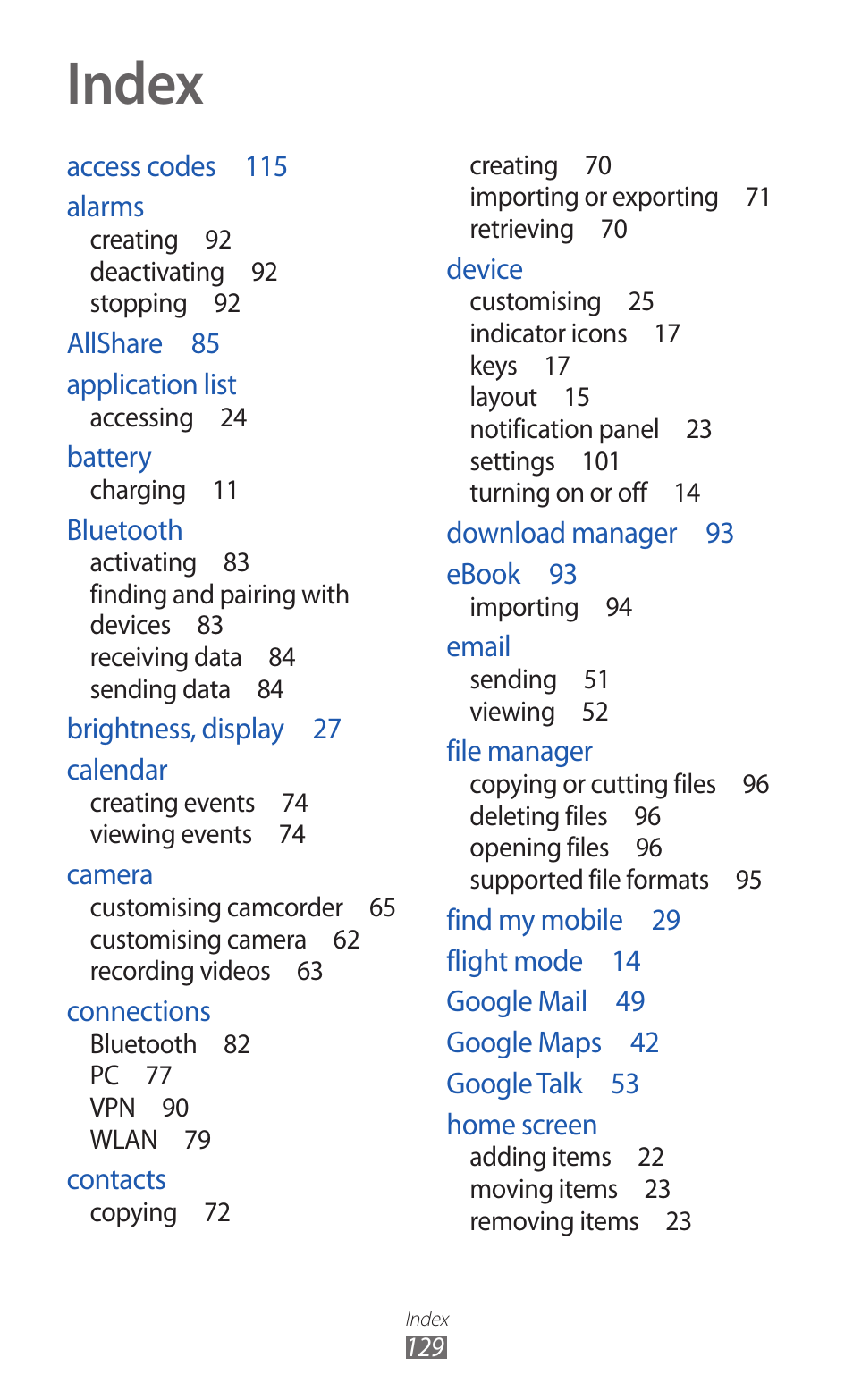 Index | Samsung GT-P7300 User Manual | Page 129 / 133