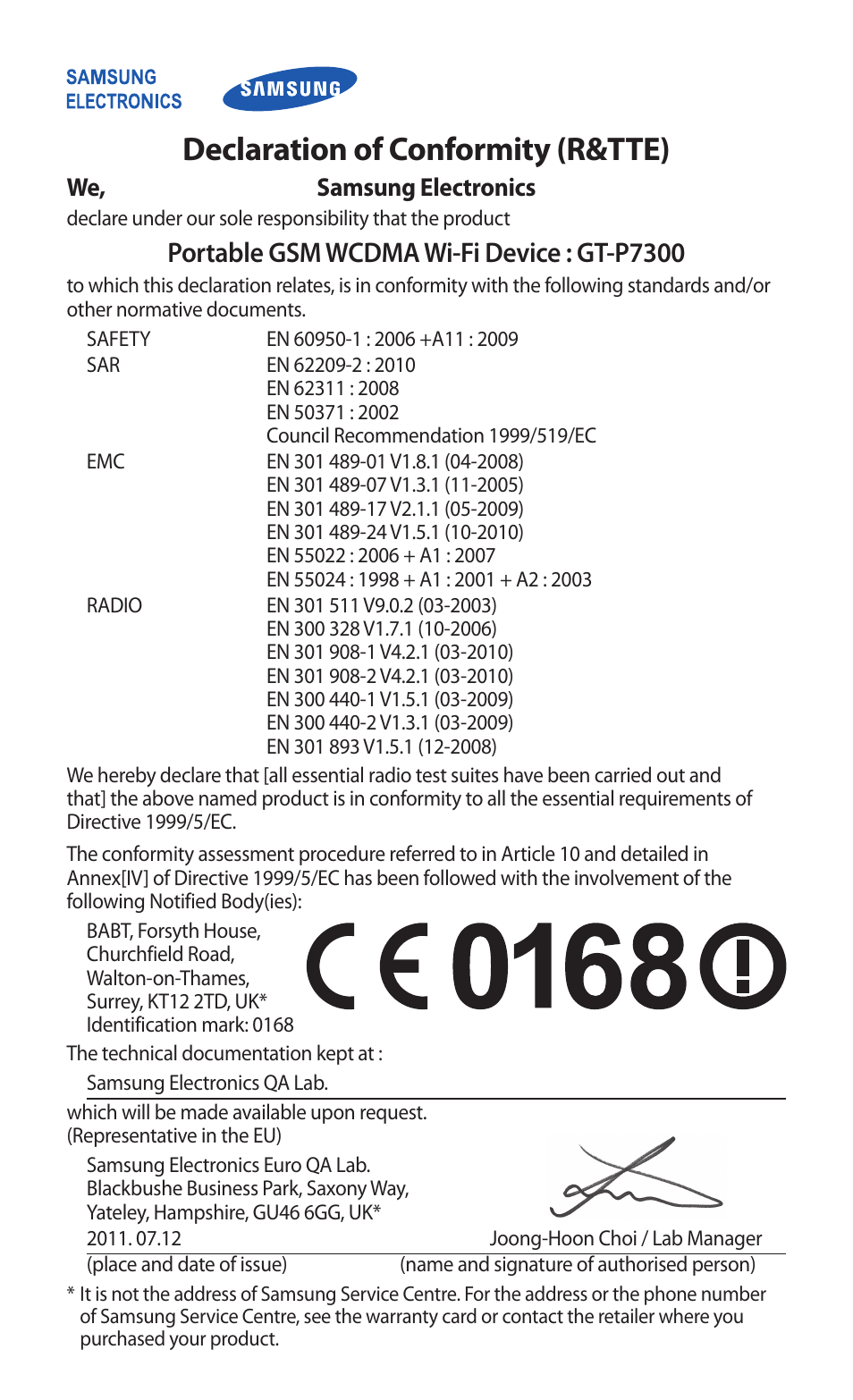 Declaration of conformity (r&tte), Portable gsm wcdma wi-fi device : gt-p7300, We, samsung electronics | Samsung GT-P7300 User Manual | Page 132 / 133