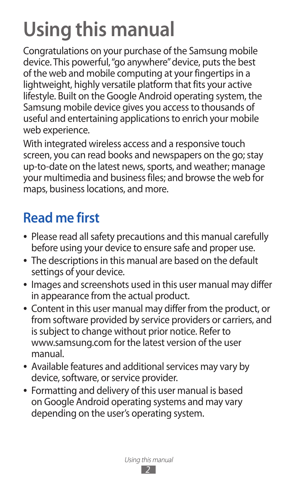 Using this manual, Read me first | Samsung GT-P7300 User Manual | Page 2 / 133