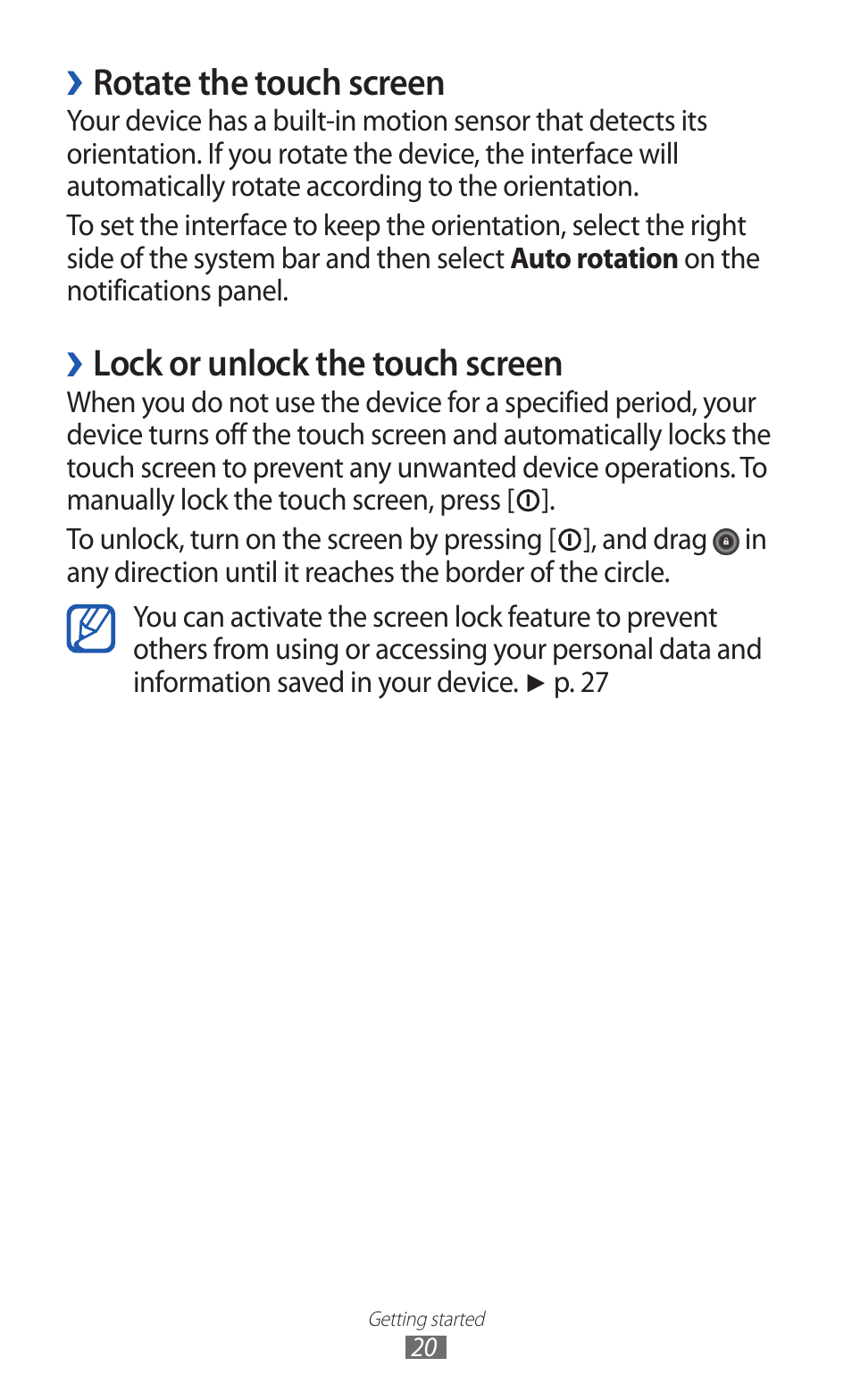 Rotate the touch screen, Lock or unlock the touch screen | Samsung GT-P7300 User Manual | Page 20 / 133