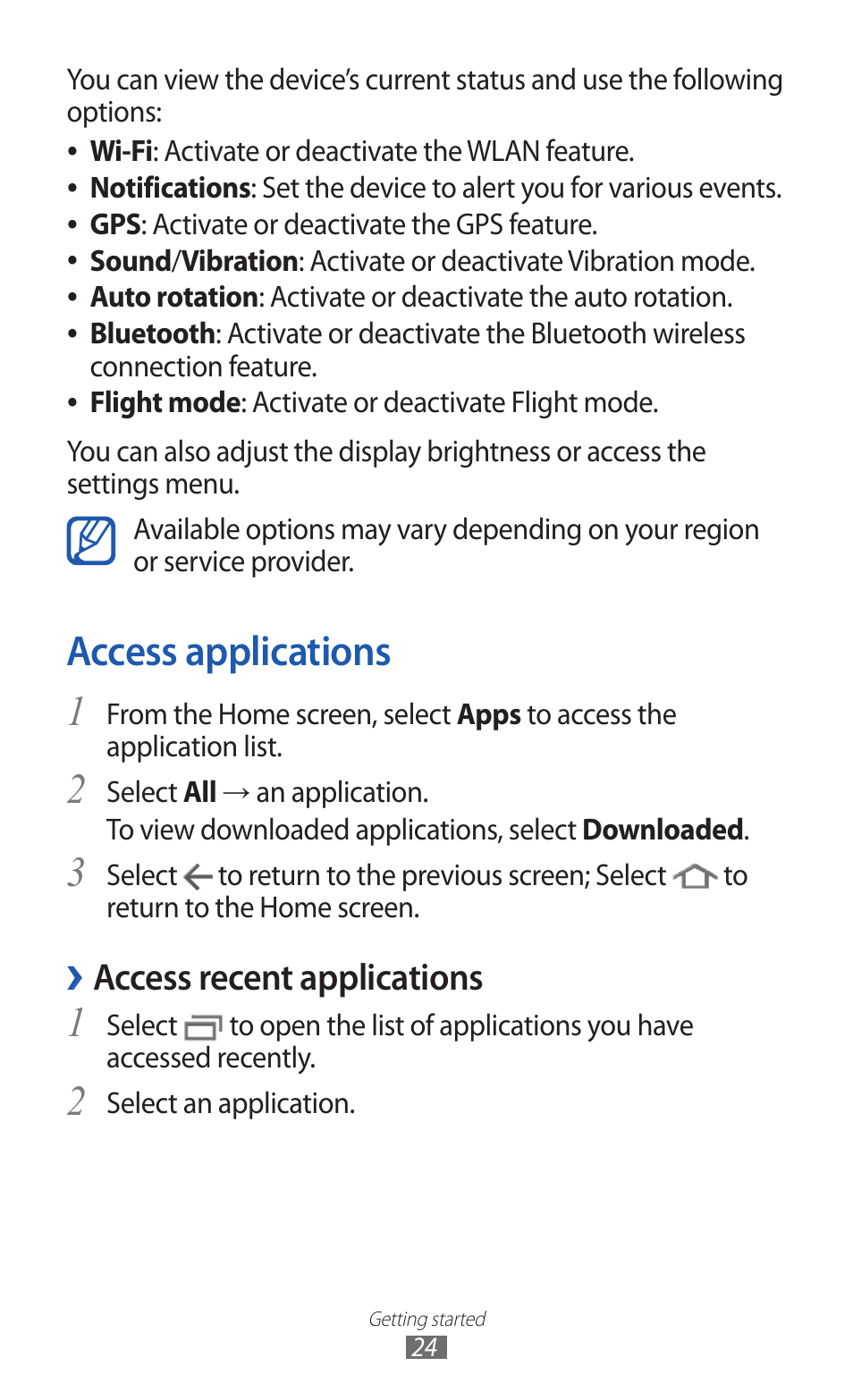 Access applications, Access recent applications | Samsung GT-P7300 User Manual | Page 24 / 133