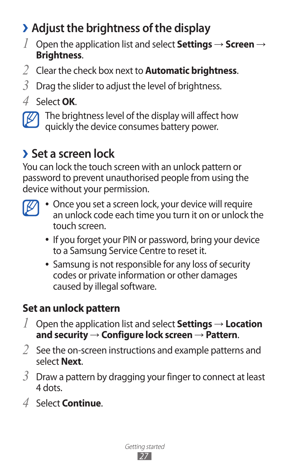 Adjust the brightness of the display, Set a screen lock | Samsung GT-P7300 User Manual | Page 27 / 133