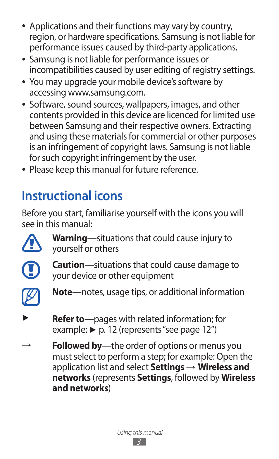 Instructional icons | Samsung GT-P7300 User Manual | Page 3 / 133